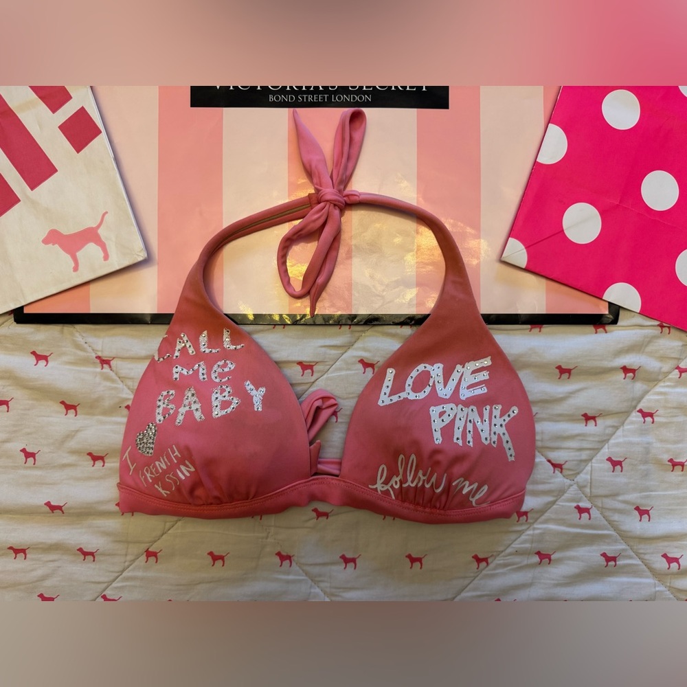 VS PINK VINTAGE Y2K BIKINI SWIMSUIT “CALL ME BABY” KISS LOVE 1986 BLING RARE M/L - Picture 2 of 11